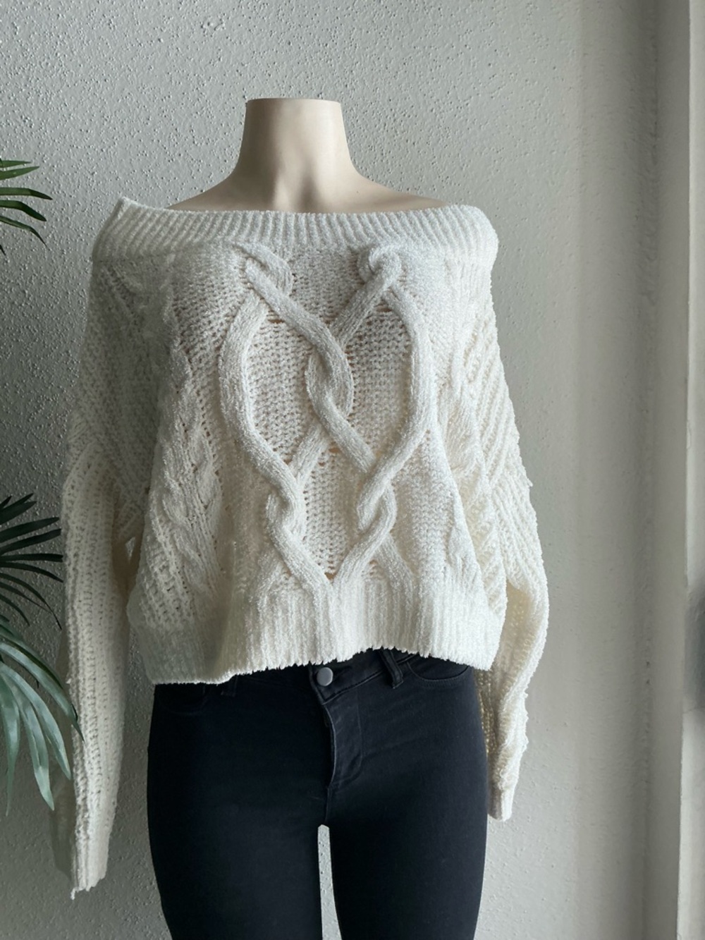 Express Off-Shoulder Cream Cable Knit Sweater